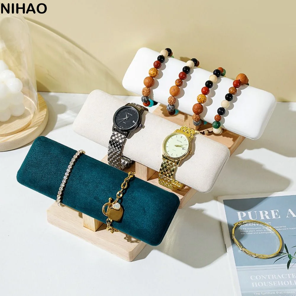 Wooden Bracelet Display Stand Single Layer Velvet Jewelry Chain Holder Watch Display Vertical Jewelry Organizer Bar Headband