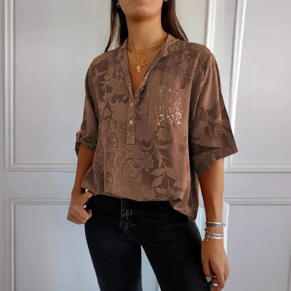 Zomer Casual Shirt Bedrukt Los Shirt Stijlvol Dames V-Hals Revers Shirt Met Halve Mouw En Pailletten Opgestikte Zak Voor Dames