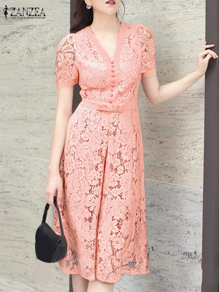ZANZEA Elegant Womens Vestidos Openwork ลูกไม้ V คอเอวสั้นพัฟแขนเสื้อ Robes Femme Patchwork แฟชั่นชุด Midi