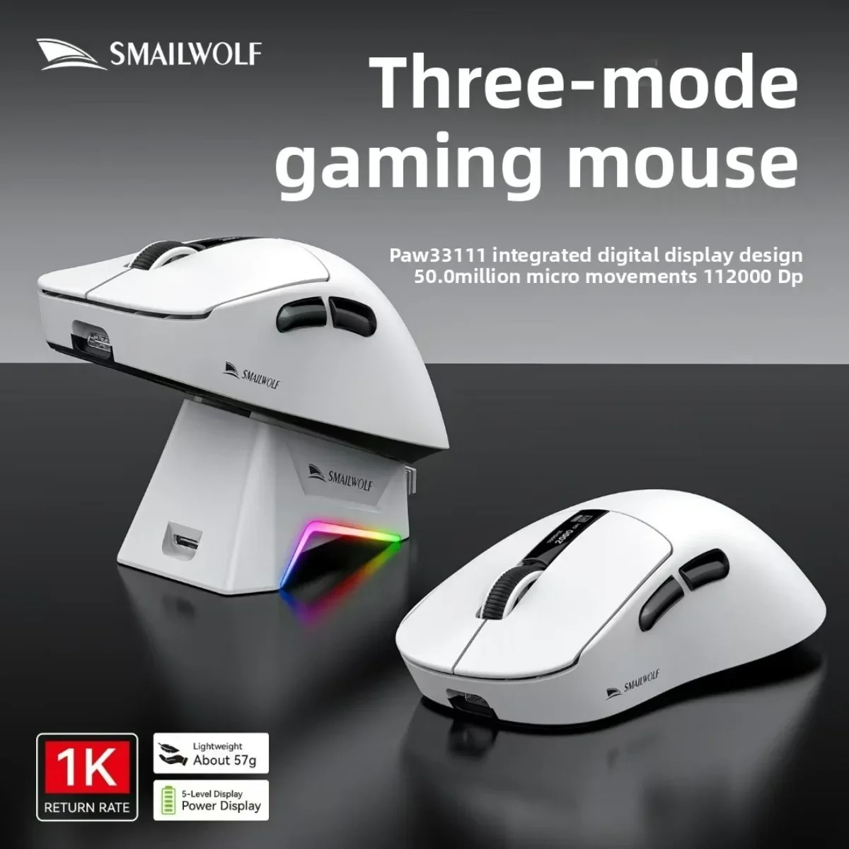 

PAW3311 Bluetooth Gaming Mouse Wireless Mouse Tri-Mode Connection E-sports Mouse with RGB Magnetic Charging Dock SMAILWOLF M6