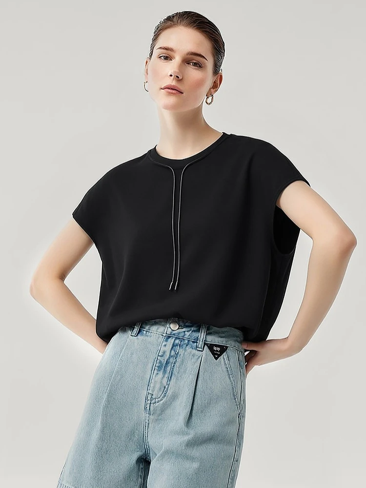 

Женская футболка Amii 2026: Новинка лета, быстросохнущая, антибактериальная, с завязками, свободного кроя, с круглым вырезом, модель 12622024