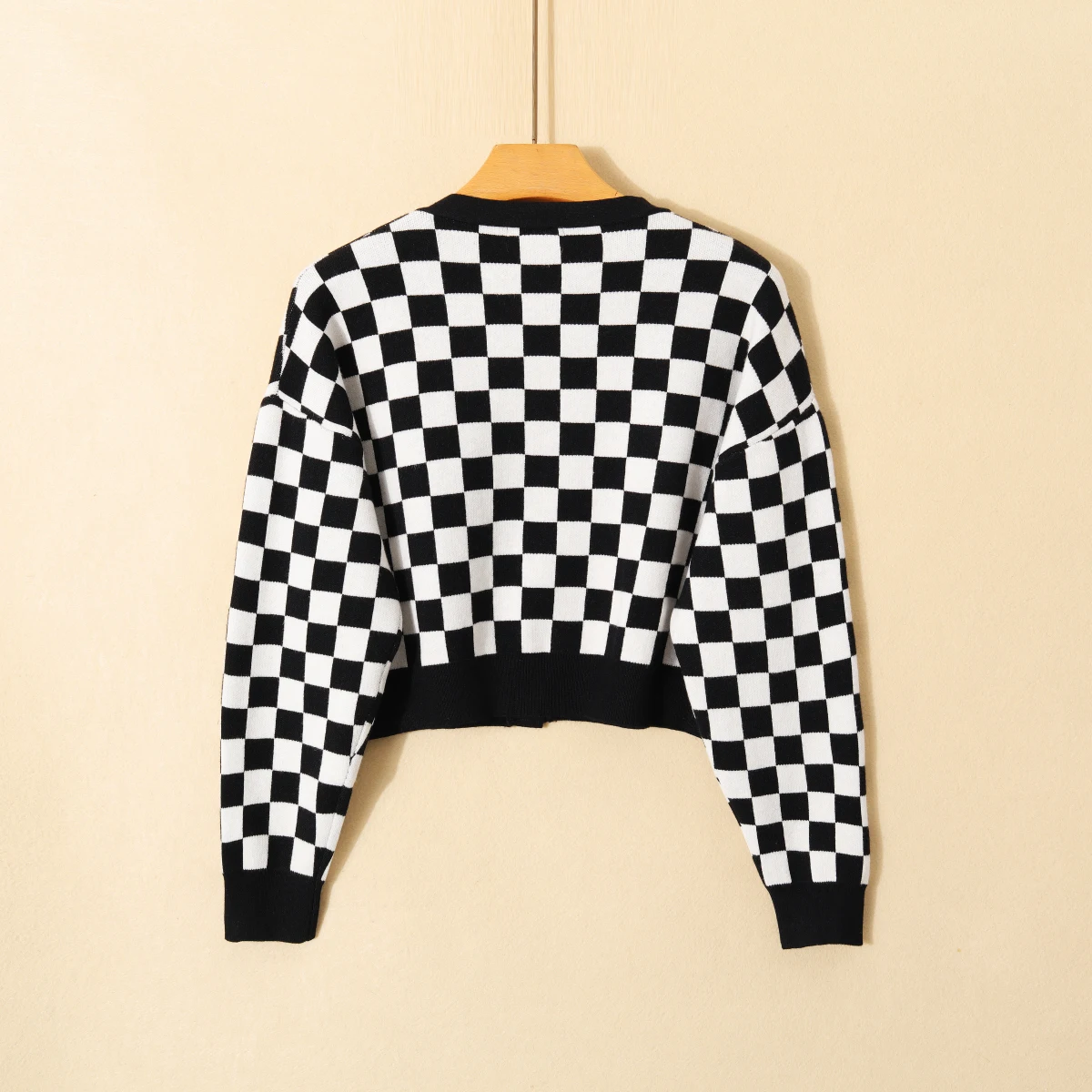 Cárdigan Abierto de Punto con Cuello en V y Estampado Retro a Cuadros para Mujer, Color Blo, Corto, Hoado, Informal, Cómo...