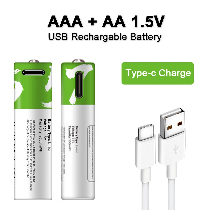 NEW AA + AAA battery AA 1.5V 2600mWh/1.5V AAA 750mWh Usb rechargeable li-ion batteries for Electric toy battery + Cable