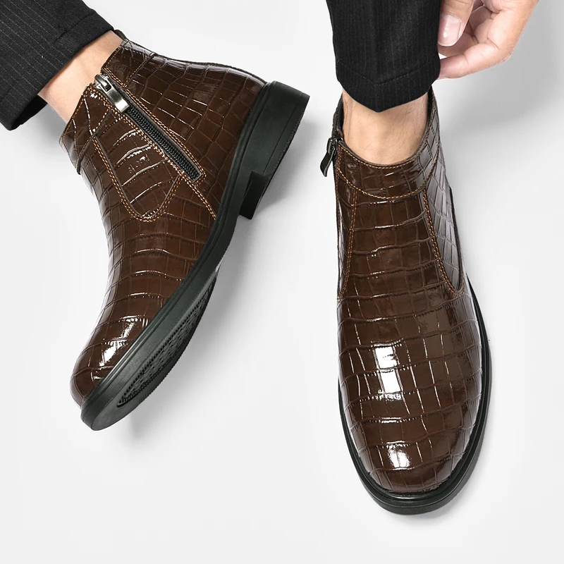 Autumn Winter Mens Patent Leather Boots Men Casual Brown Black Ankle Boots With Side Zipper Big Size 47 48