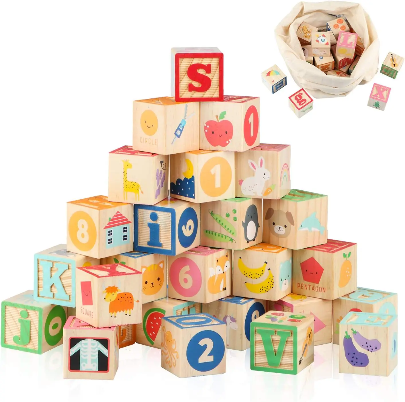 

26-Piece Wooden ABC & Number Stacking Blocks for Toddlers 1-3, Educational Learning Toy with Storage Bag