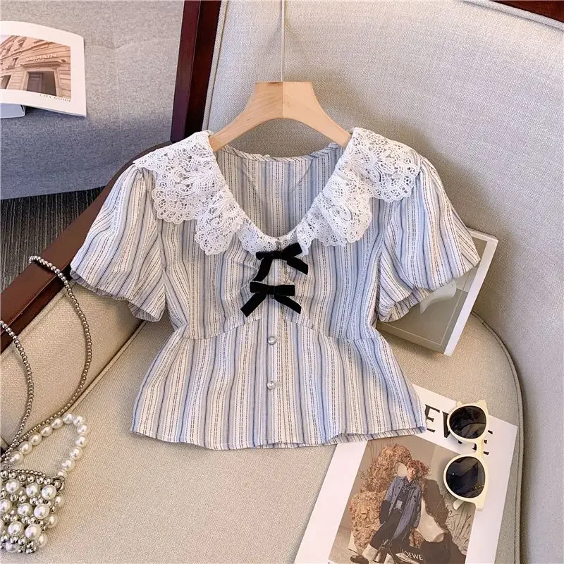 Fashion V-Neck Striped Lace Bow ShoBow Rt Sleeve Shirt Summer New 2024 Contrast Color Temperament Elegant Slim Pullovers Tops