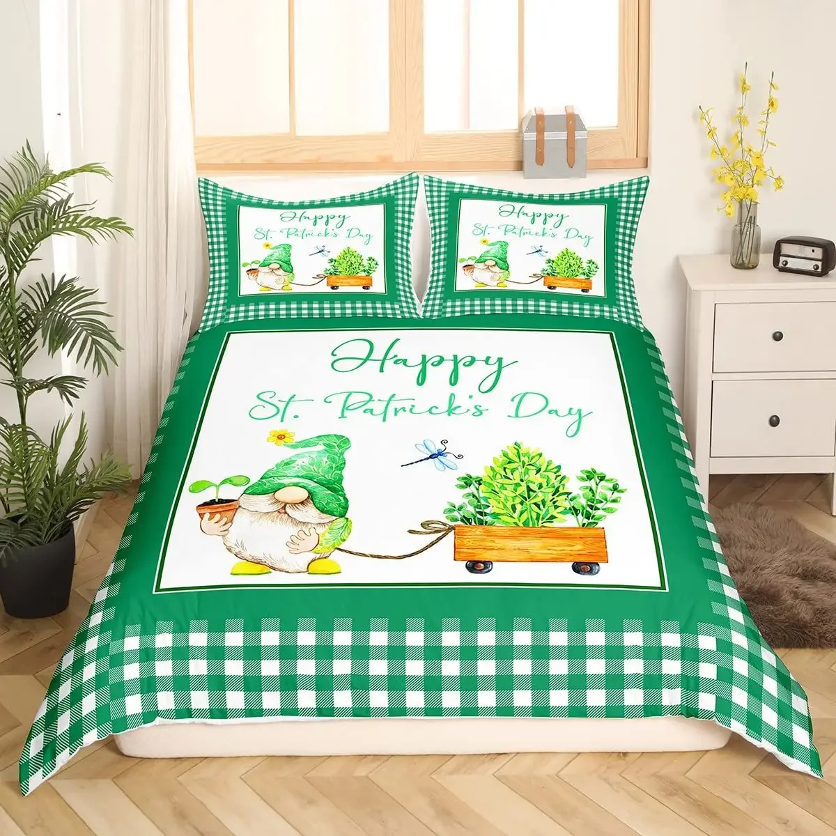 St.Patrick's Day King Duvet Cover Spring Gnome Bedding Set Green Plants Quilt Cover Spring Holiday Polyester Comforter Cover