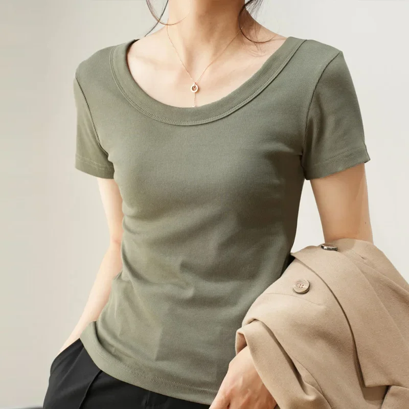 

Women's Cotton U-Neck T-shirtSexy Short Sleeve Loose Top Bottom Shirt Highlight Your Figure High Quality Summer Autumn New Style