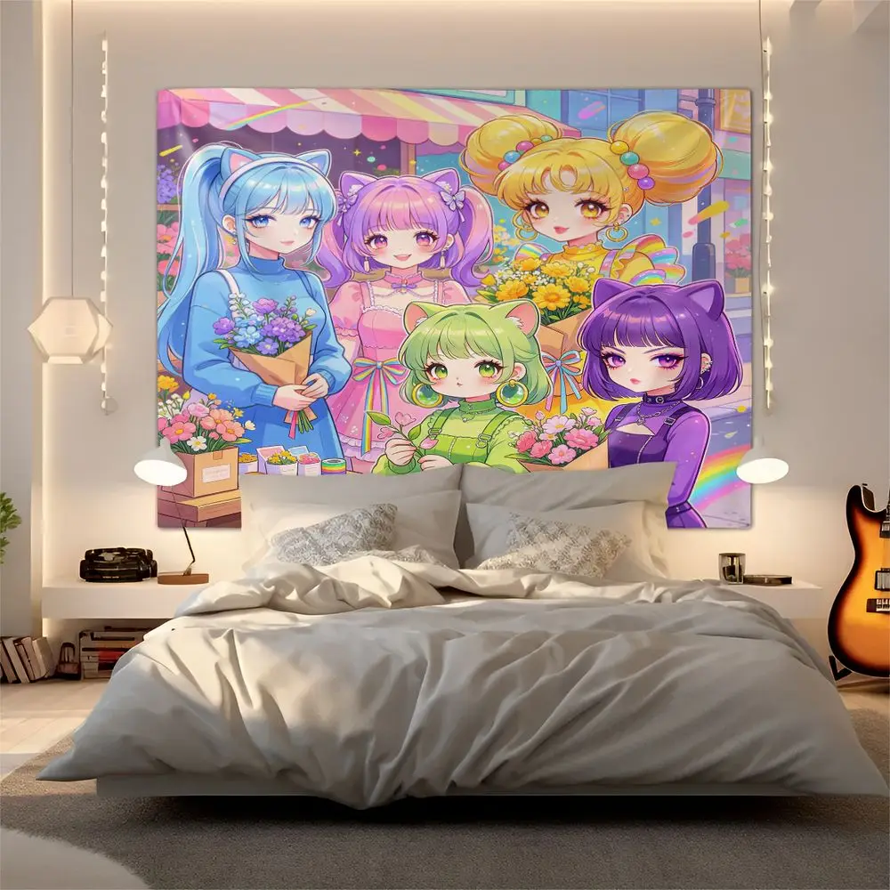 Handmade Bead Craft Cat Ear Girls Digital Print Tapestry Wall Hanging Tapestries Wall Blanket Creative Youth Dorm Decor