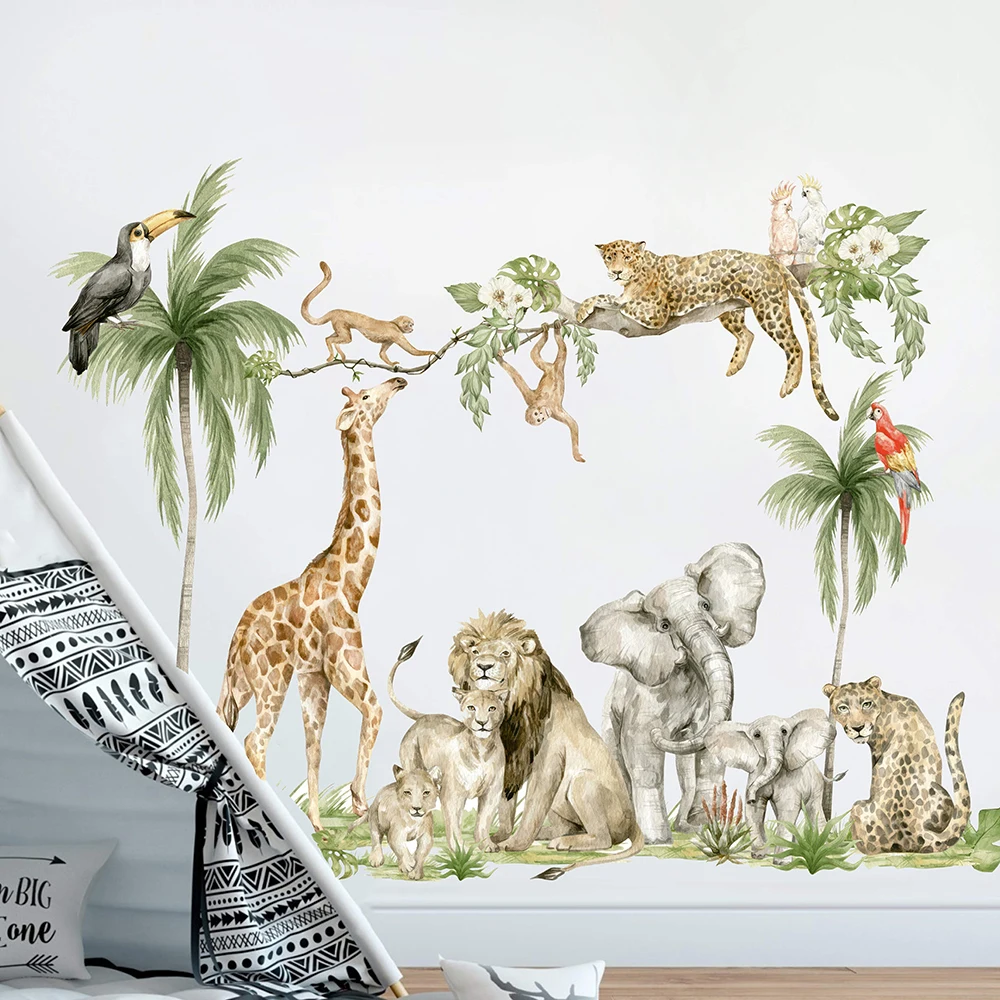 Safari Jungle Animals Wall Sticker Baby Nursery Kids Room Wild Watercolor Tropical Monkey Giraffe Bird Elephant Wall Decal