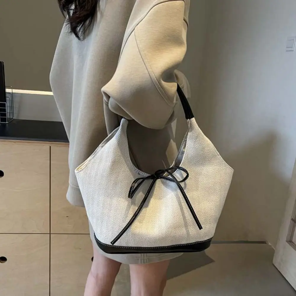 

Simple Korean Style Canvas Tote Bag Underarm Bag Handbag Cloth Bow Shoulder Bag Pure Color Large Capacity Travel
