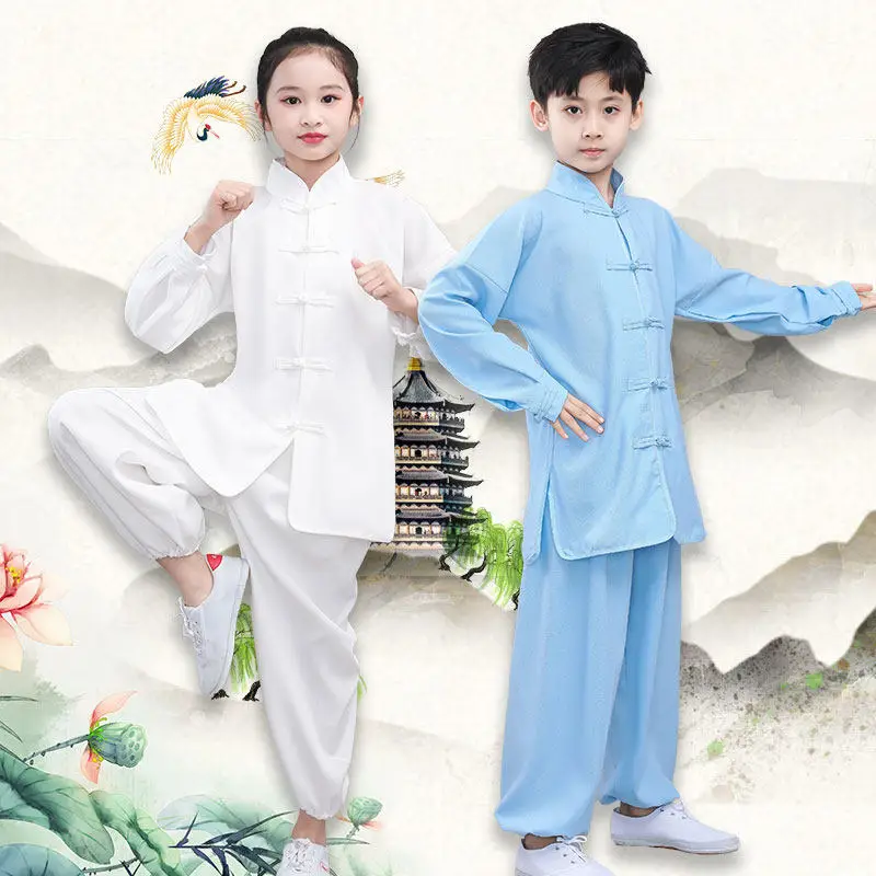 Kids Kung Fu Martial Arts Costume Ramie Fabric Chinese Style Performance Training Suit Unisex School Students