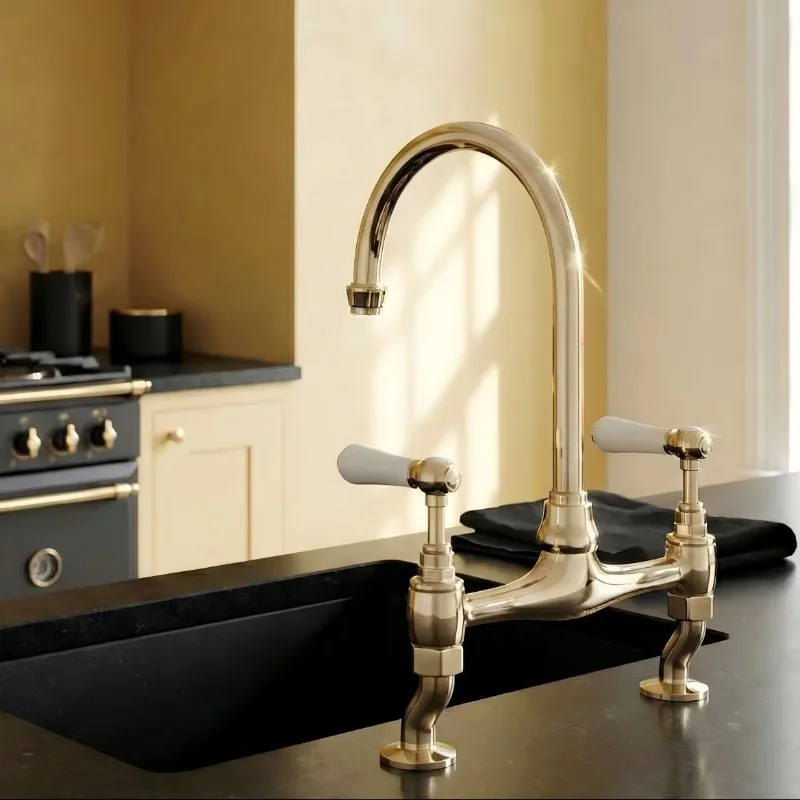 

【Best-selling】Deck-Mounted Heavy Duty Commercial Kitchen Faucet With Dual Handle 2 Holes Brass Construction Hotel Use Pull-Out S