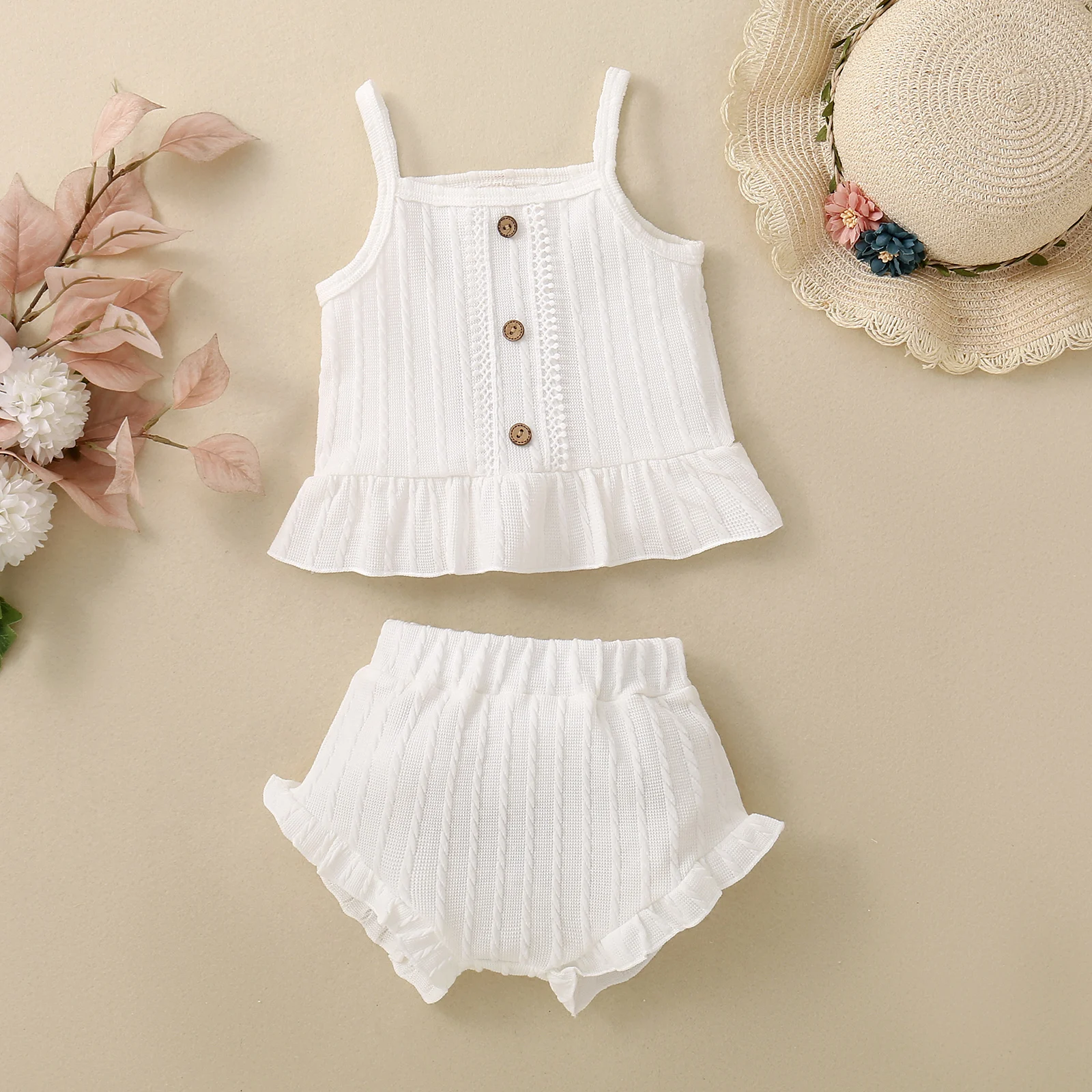 

Baby Girls 2PCS Shorts Sets Sleeveless Lace Trim Button Camisole Solid Color PP Shorts Sets