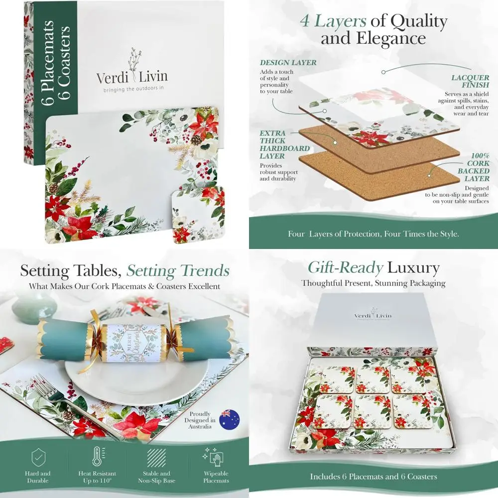 

Set of 6 Heat-Resistant Cork Placemats, 16 x 12, Wipe Clean, Red Lower Design