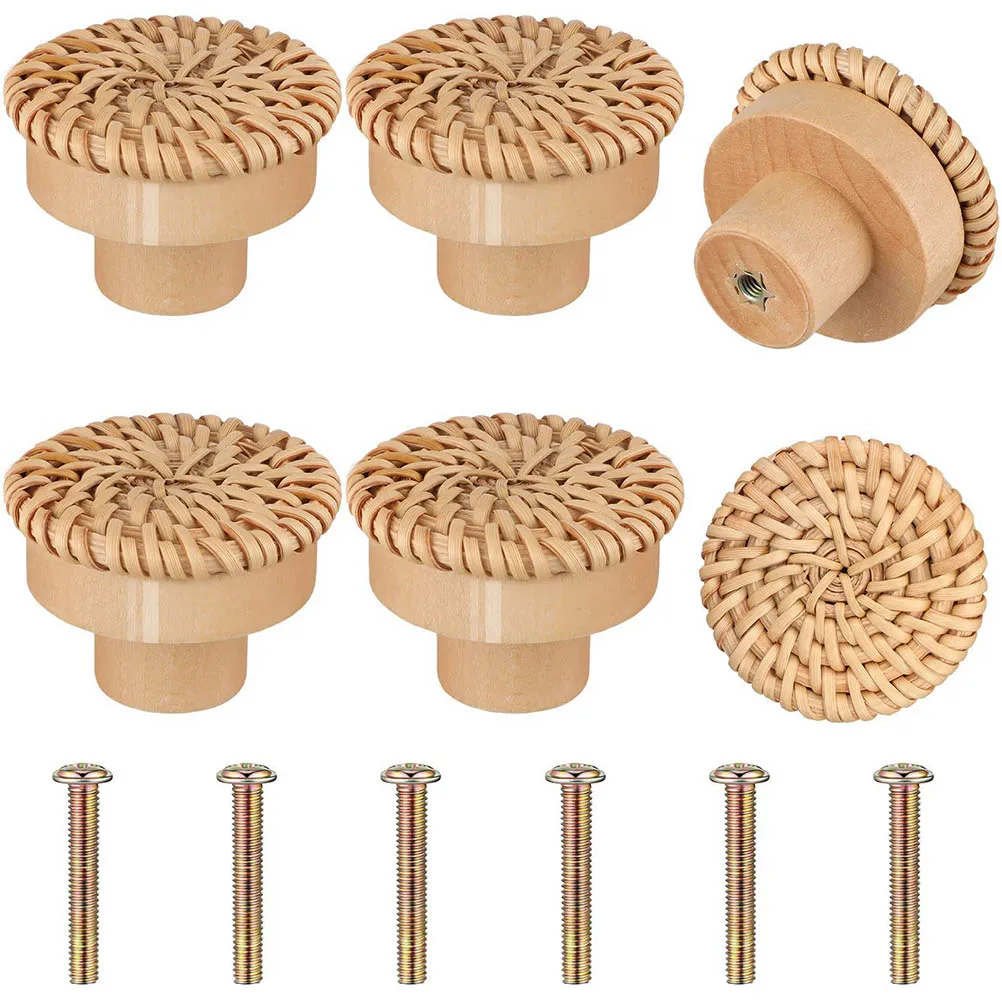 

6Pcs Wooden Handles Dresser Knobs Round Rattan Furniture Handles Handmade Kitchen Cupboard Drawer Knobs