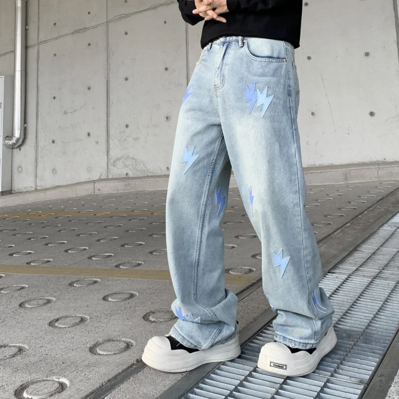14010-2 American high-end new tide loose wide-leg hundred hundred hip-hop car leather jeans male