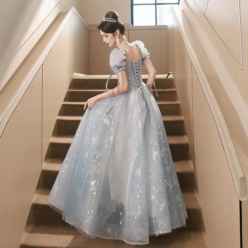 Blue Evening Dress Women Light Luxury Tulle A-line Long Formal Banquet Gown Fashion Sequin Temperament Quinceanera Dress