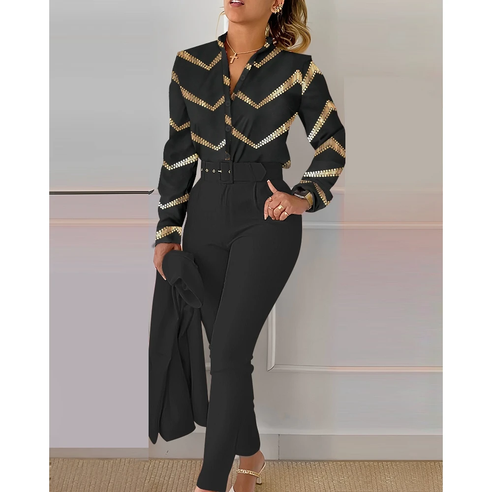 2024 Women Bronzing Chevron Print Shirt Top & Pants Set with Belt Korean Style Office y2k Ensemble Femme 2 Pieces Sets Workwear