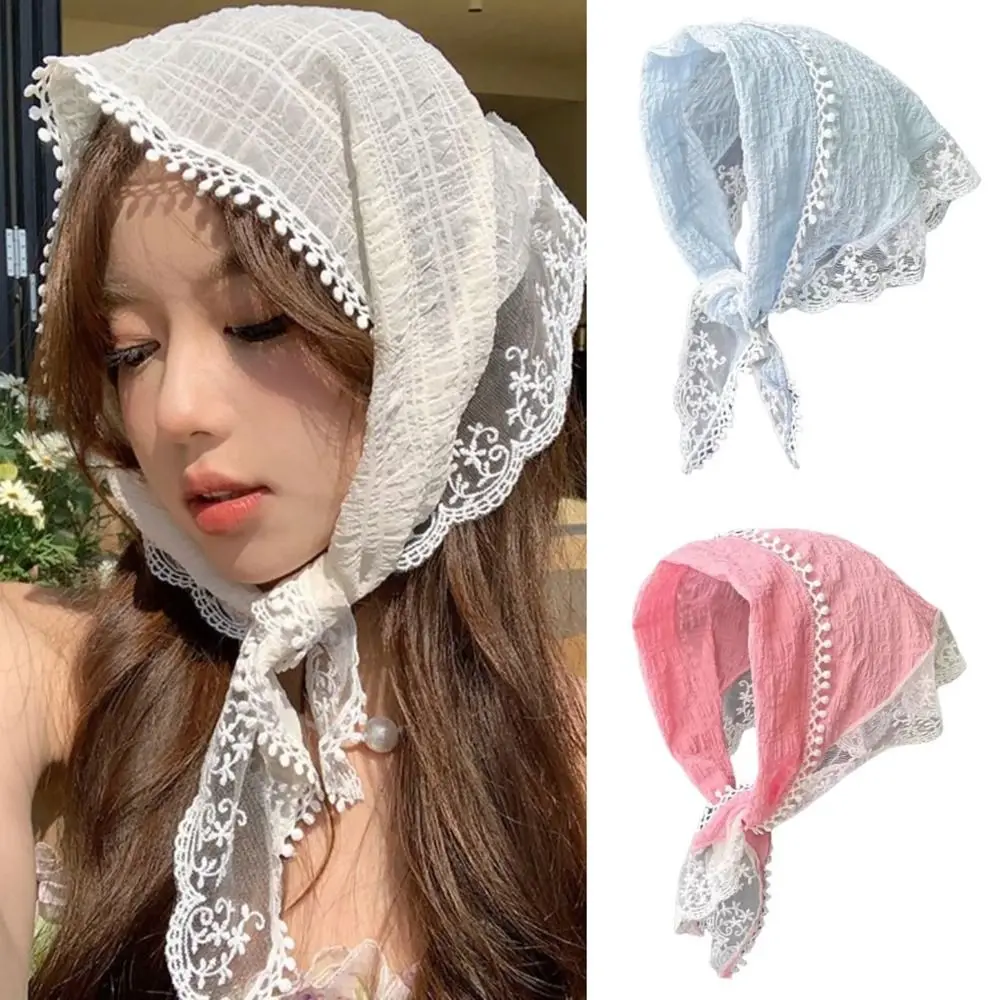 Foulard in pizzo dolce fascia per capelli con frange triangolari asciugamano protezione solare fascia per capelli stile pastorale francese donna