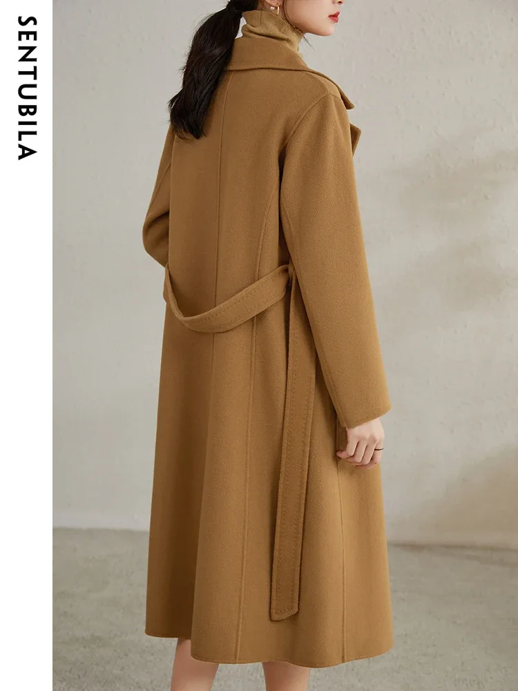 SENTUBILA Women 100% Wool Long Wrap Coat 2024 Elegant Notched Collar Belted Warm Double Faced Woolen Winter Overcoat W24O43352