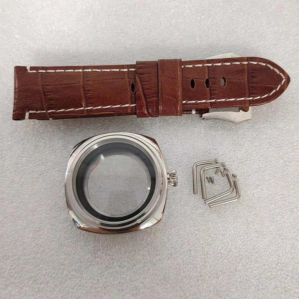 Caixa de aço inoxidável 42mm, cristal de safira + pulseira de couro para movimento nh35, acessórios de relógio modificados