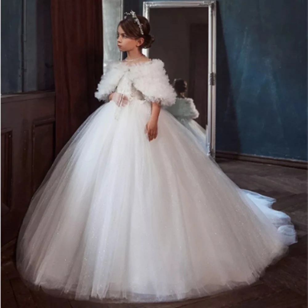 Noble Tulle Fluffy Tail High-waisted Shawl Princess Flower Girl Dresses Wedding Party Ball First Communion Gowns Kids Gift