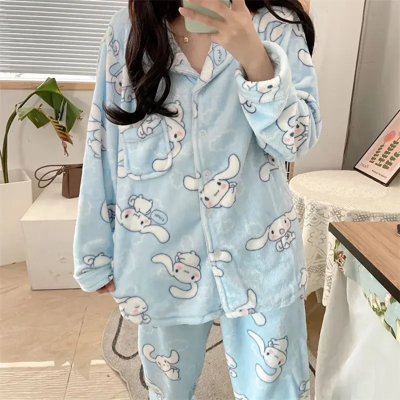 Sanrio Blue Cinnamoroll Coral Velvet Pajamas Kawaii Soft Girl Pajama Sets Autumn Winter Flannel Home Garments Pajamas for Women