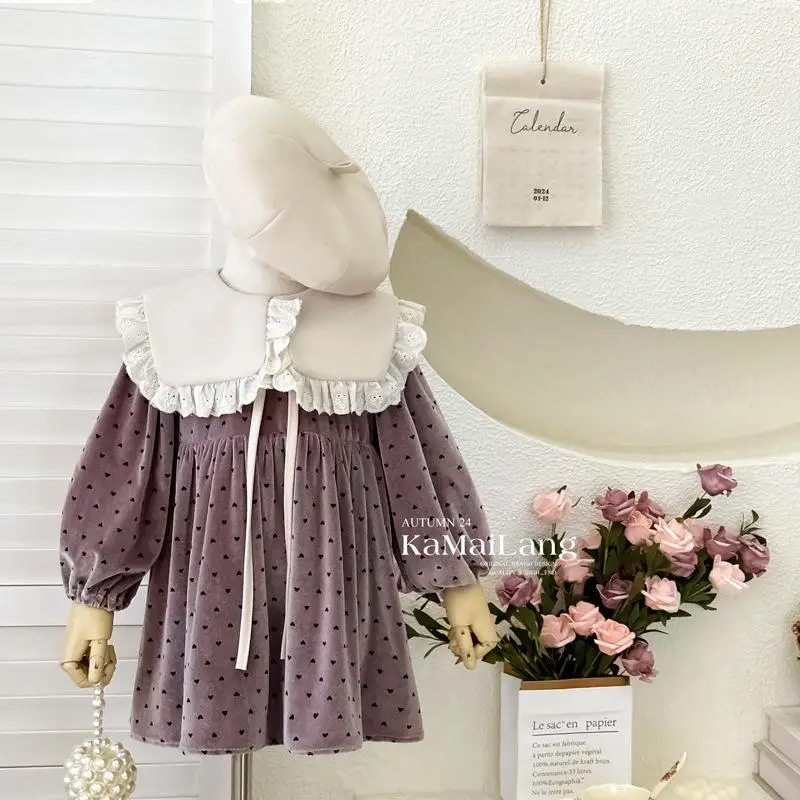 

2024 Lace Doll Neck Girls Dress Polka Dot Fashion Sweet Girl Dresses Autumn Boutique Baptism Children Princess Clothing