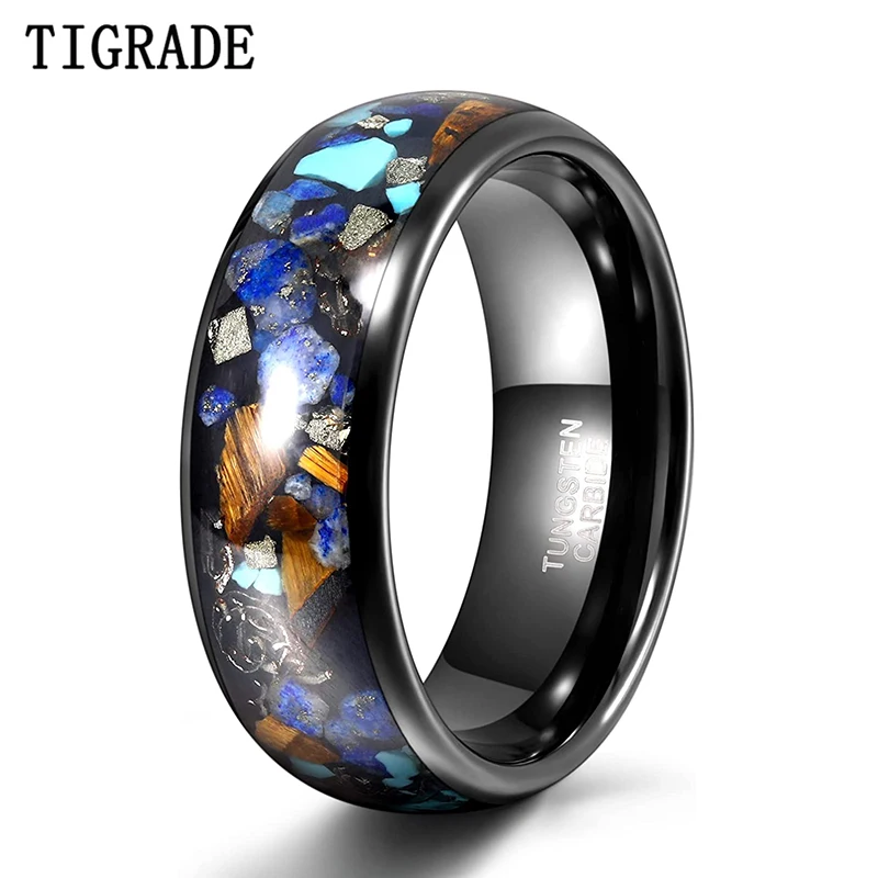 TIRGADE 8mm Mens Wedding Band Black Tungsten Ring Galaxy Opal Ring Natural Turquoise and Tiger Eye Stones Inlay High Polish Dome