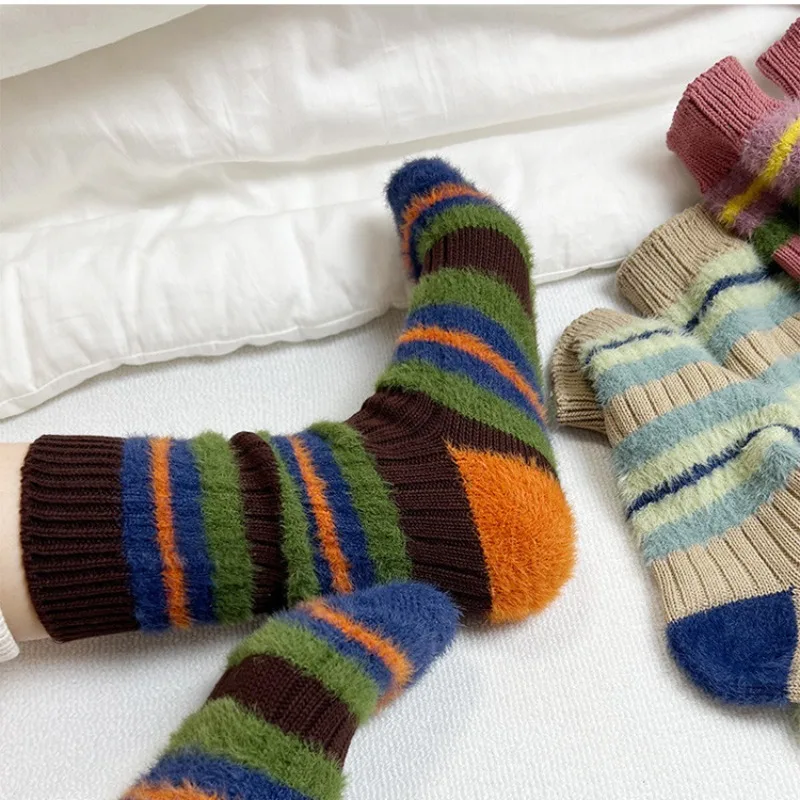 3 Paar lange, flauschige Damensocken mit mittlerer Wade, gestreift, farbblockierend, warm, für Herbst und Winter, lockere Socken für Mädchen, modisches Slouch-Socken-Set