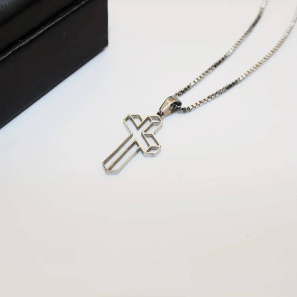 Stainless Steel 3D Outline Cross Necklace for Men Women Hollow Geometric Crucifix Pendant Christian Religious Jewelry Gift