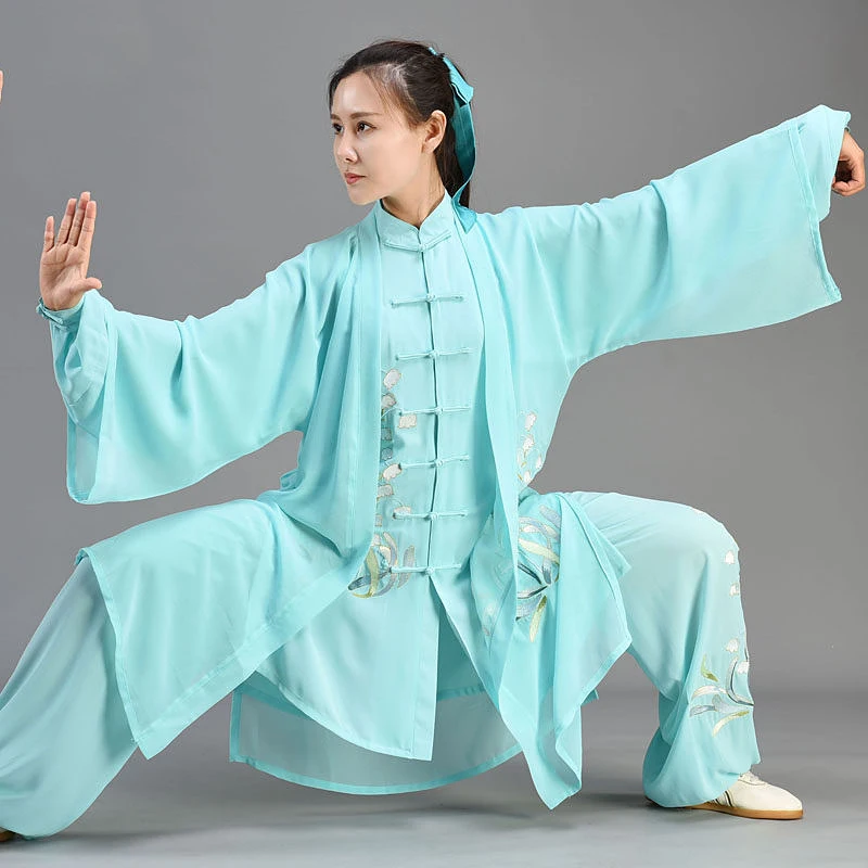 Custom Long Orchid Embroidery Tai Chi Suit, Unisex Flowy Lightweight Ice Silk Chinese Style Performance Wear for Summe