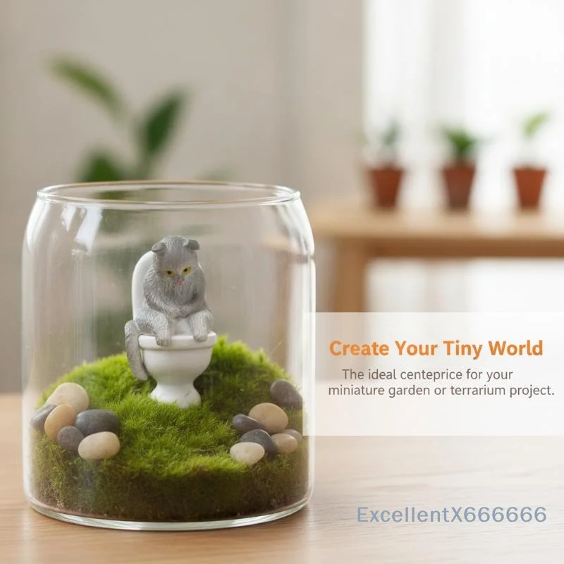 Funny Sitting On Toilet Seated Posture Kitten Figurines Micro Landscape Ornament Home Desktop Office