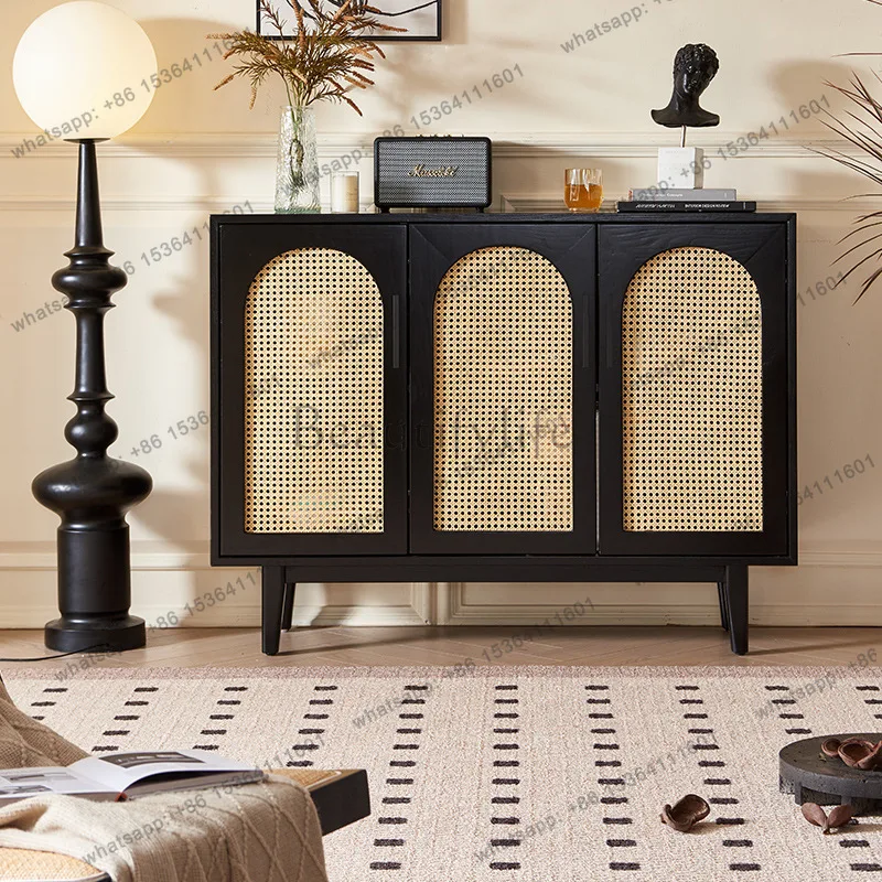 Nordic solid wood black simple rattan arch sideboard storage cabinet