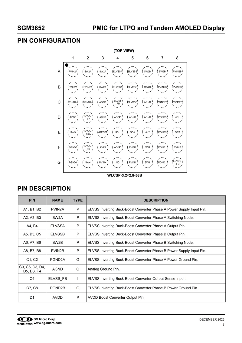 5Pcs/lot SGM3852YG/TR WLCSP-3.2×2.8-56B,Marking: 0GI,PMIC for LTPO and Tandem  AMOLED Display