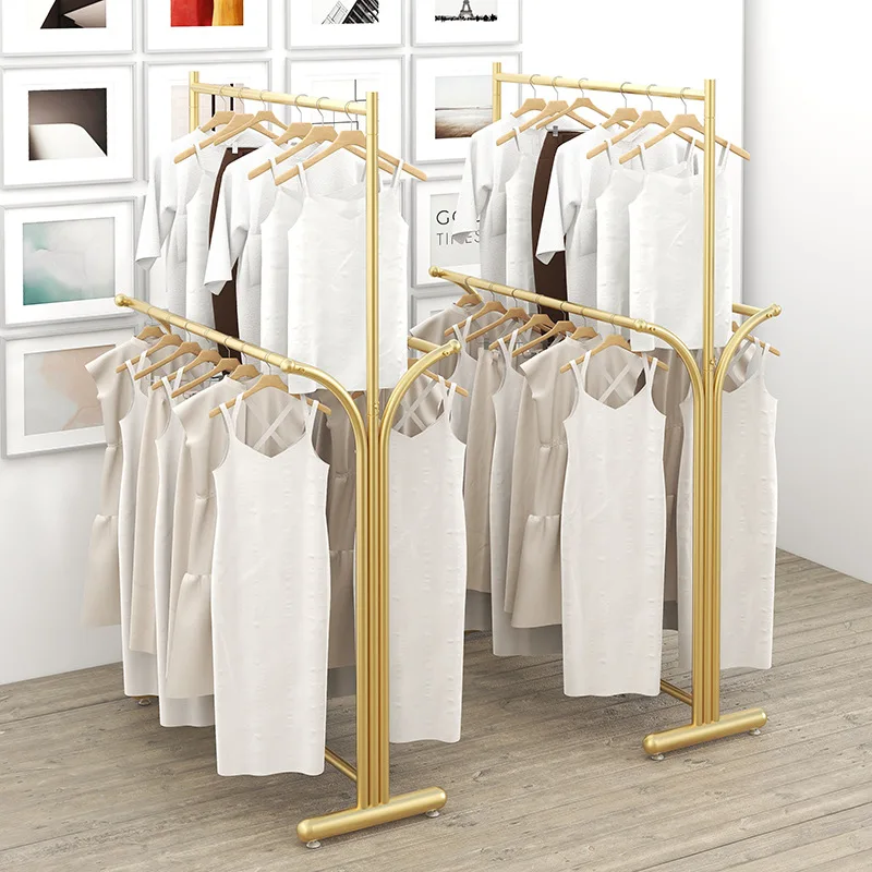 Clothing store double pole display rack men's and women's clothing middle island rack double row upper and lower clothing rack d