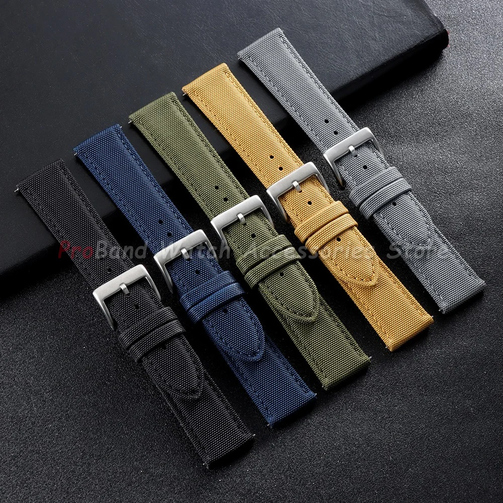 20mm 22mm Silver Black Rose Gold Buckle Belt Sailcloth Watchband Two-Sided Nylon Watch Strap Men Women Quick Release Bracelet