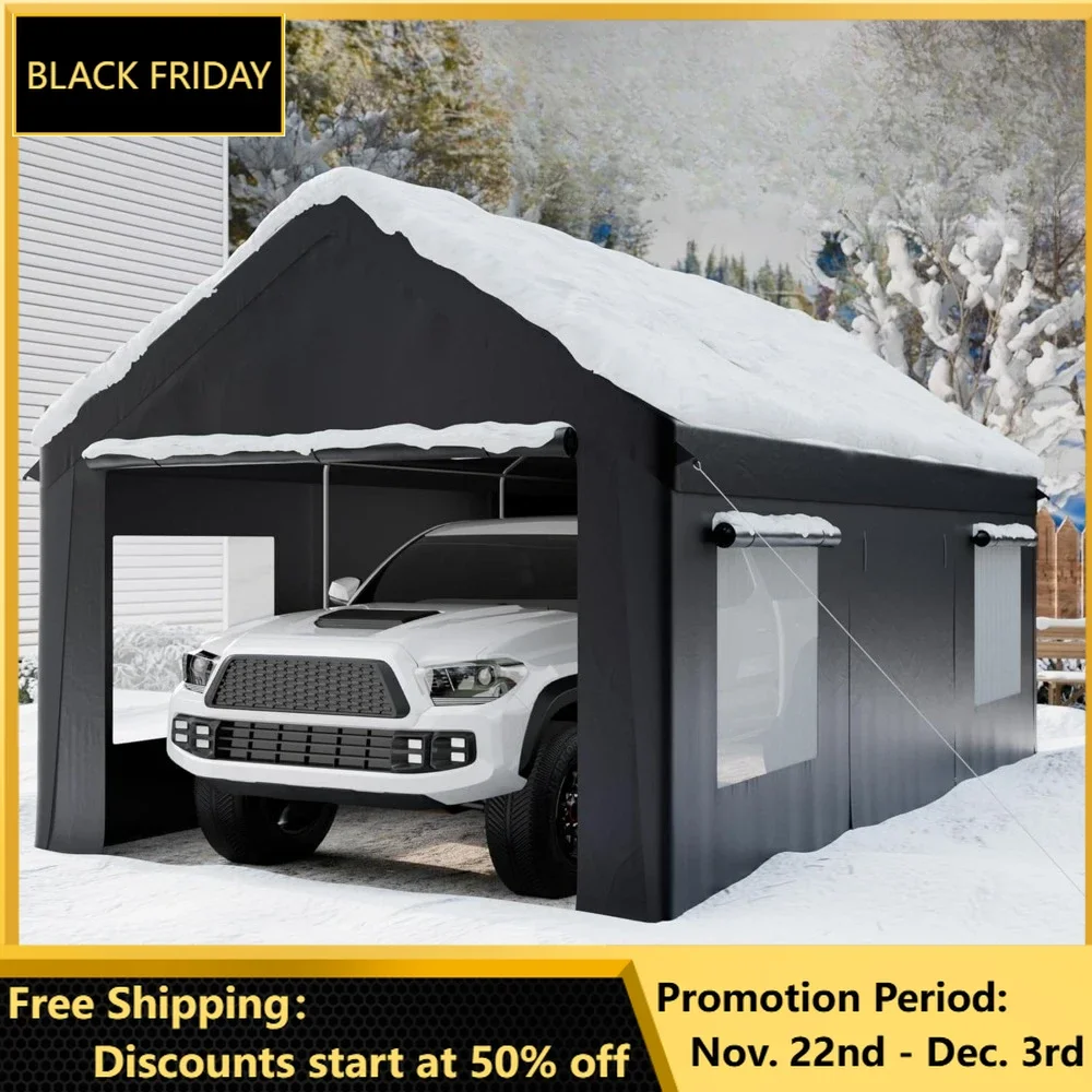 Carport 12x20 FT Heavy Duty Carport Canopy with Enhanced Base & Side-Opening Door, Portable Garage for Pickup, Boats, Car Black