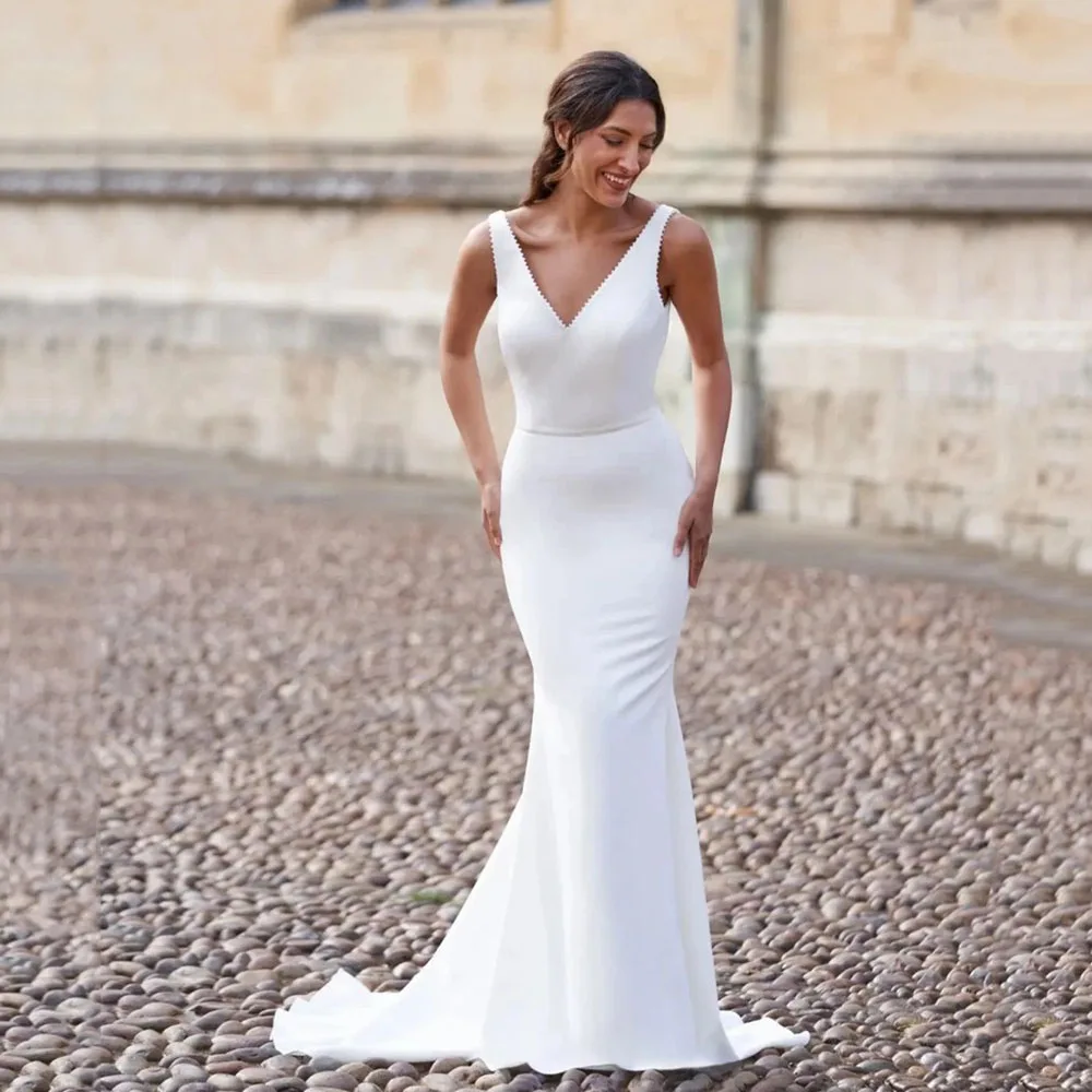 Customized Mermaid Wedding Dresses Modern Sleeveless Beads Deep V Back Civil Wedding Bridal Dress 2026 Bride Gown