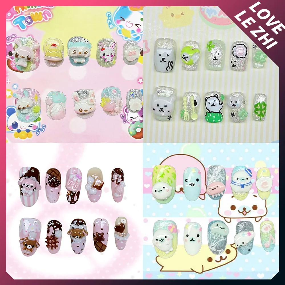 

Sweet Cute Cartoon Y2K Dessert Short Round Nail Patch 3D Rabbit Bear Hearts Stars Dot Pattern Nail Art Hand Accessories Stickers