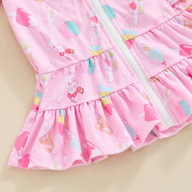 Toddler Kid Clothes Girls Summer Swimwear Cover Up Children Short Sleeve Ice Cream Print Zipper Hooded Dress Beachwear 1-8Y