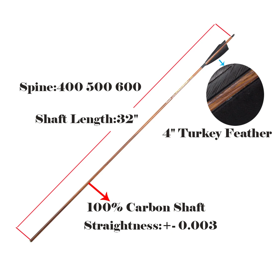 Wood Grain Pure Carbon Arrow ID 6.2mm 12pcs Straightness 0.003" Spine 400 500 600 For Archery Traditional Bow Hunting 5