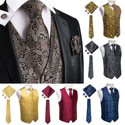 Hi-Tie Black Luxury Paisley Men's Vest Set Hanky Cufflinks For Wedding 100% Silk Vest For Men Gold Waistcoat Yellow Classic Vest