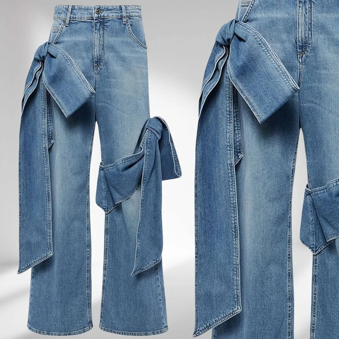 Autumn and winter new washed old splicing bow wide-leg pants design sense high waist thin jeans women