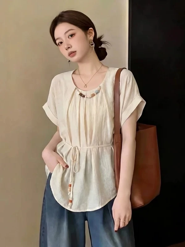 

Slim Fit Cotton Linen Short Sleeve Shirt Women's Summer New Style plus Size Tie Waist Top Breathable Comfortable Korean Style