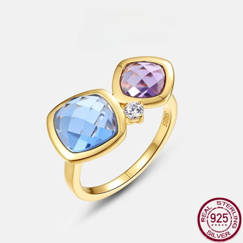

New S925 Pure Silver Candy Double Color Zirconia Silver Inlaid Zirconia Ring Light Luxury and Elegant Wedding Jewelry