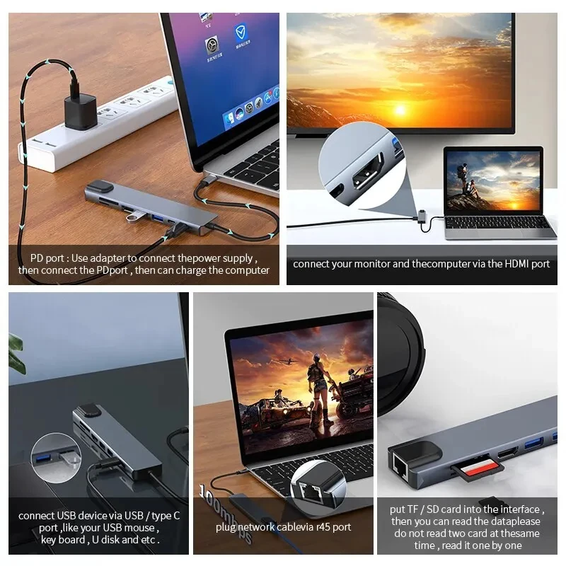 8 in 1 USB C Hub 4K HDMI Adapter with TF SD Card Reader RJ45 Fast Charge PD for MacBook Laptop TV HDTV - Aluminum Alloy