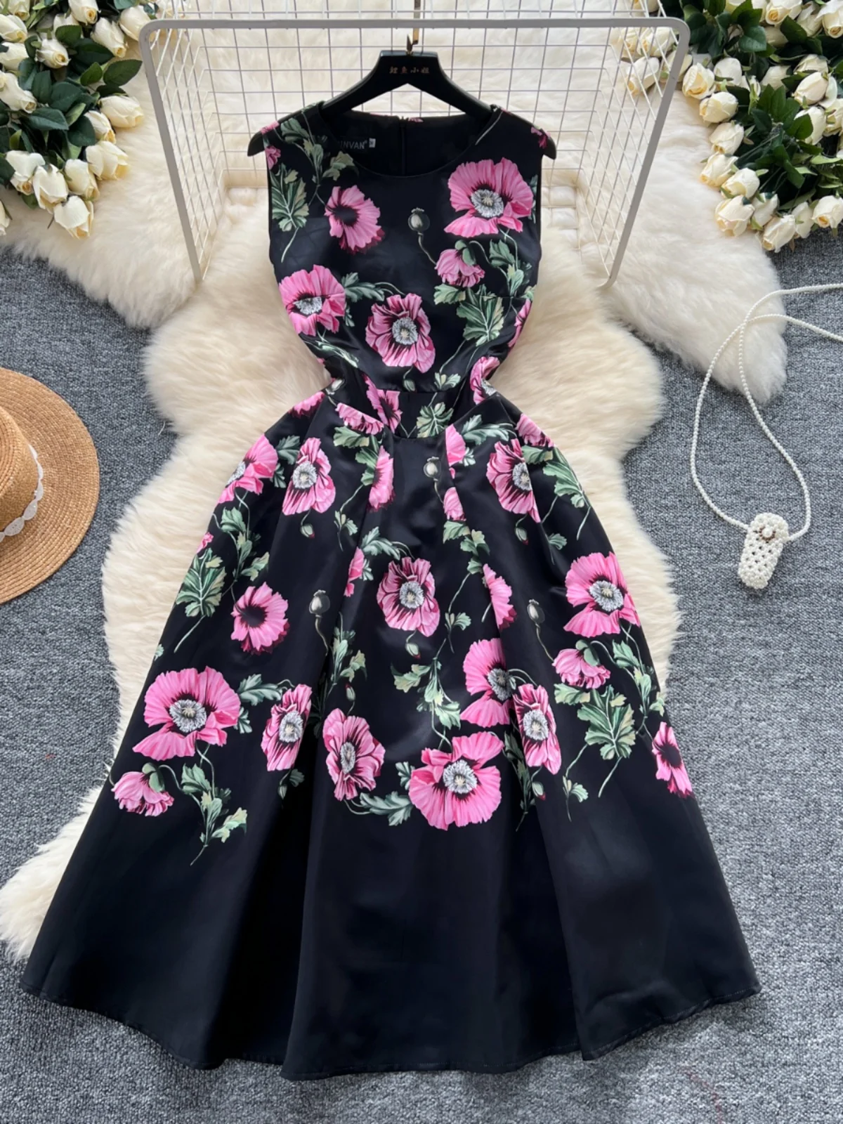 กระโปรงเอวสูงทรงเอ midi สำหรับผู้หญิง แฟชั่นสไตล์เรโทร ลายพิมพ์ ช่วยให้ดูผอม ทรงเข้ารูป คอกลม สไตล์เกาหลี เหมาะสำหรับใส่ไปทำงาน ฤดูใบไม้ผลิ