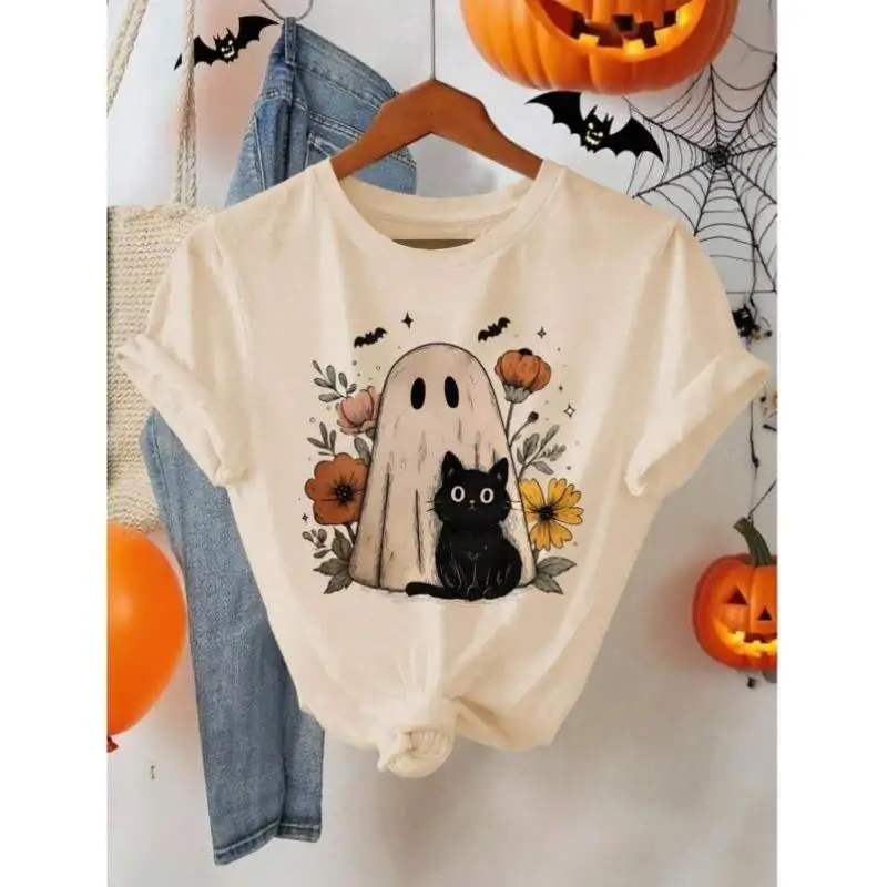 C 852 와이드 로윈 패턴 귀여운 꽃 유령 디자인 크로스보더 캐주얼 스포츠웨어 세트 남성용 가을 7부 바지